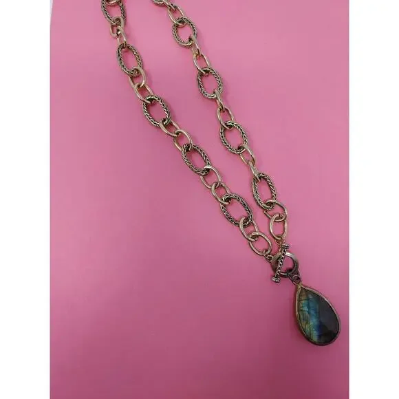 Labradorite Charm on Ralph Lauren Old Gold Chain Necklace VTG "RL" on Toggle End - Picture 3 of 9